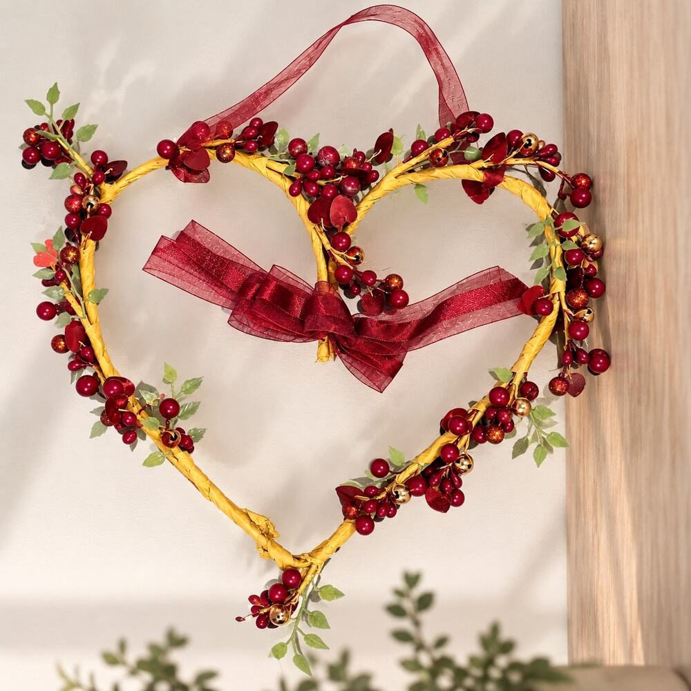 Handmade Red Berry Decorative Wreath Garland Burgundy Bow Rustic Holiday Decor